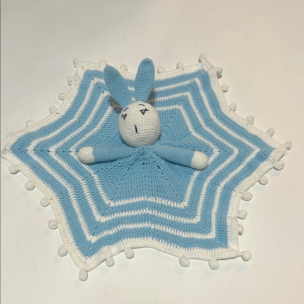 Handmade Blue and White Crochet Bunny Blanket - Picture 3 of 4